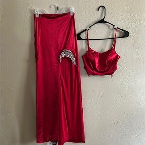 Red Two-Piece Satin Dress with Rhinestone Detail
